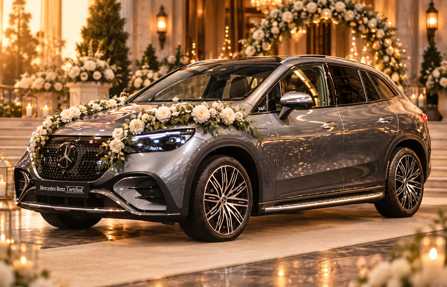 Sfeerbeeld van een met witte bloemen versierde auto bij een feestelijke entree